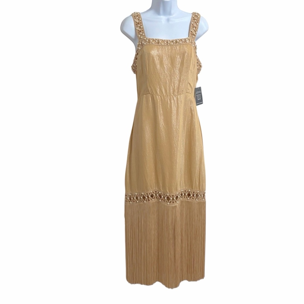 Boston Proper Boho Linen Blend Fringe Midi Dress 6 Gold NWT Coastal Cowgirl